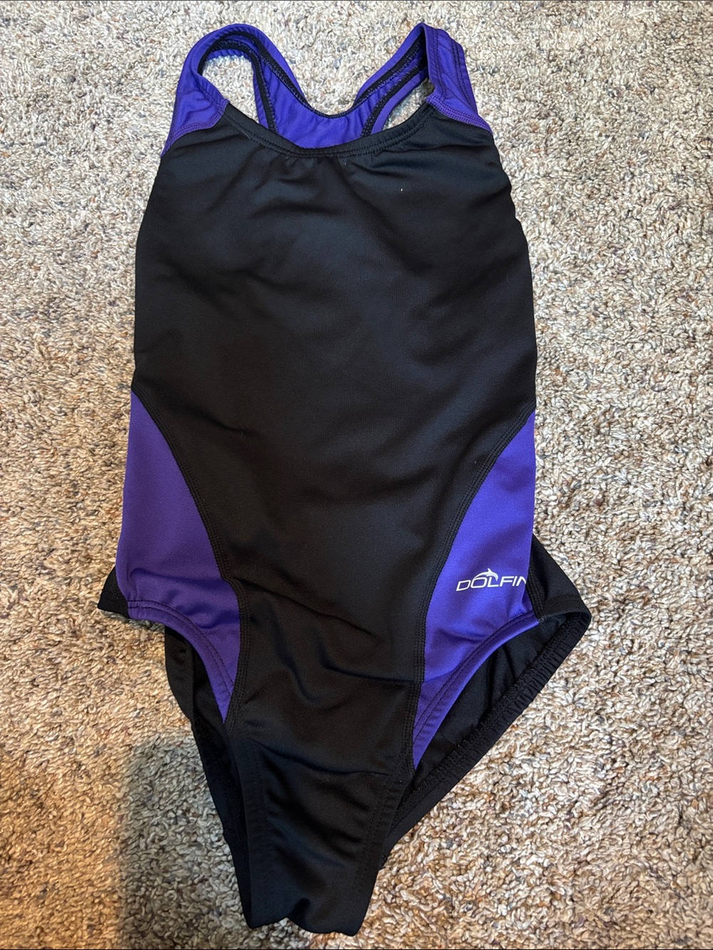Dolfin Black with Purple Panel Athletic One-Piece Swimsuit for girls size 7/8